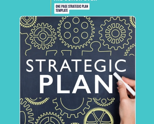 one page strategic plan template: Hand holding chalk over a chalkboard-style graphic of interlocking gears, symbolizing a concise visual roadmap for business strategy
