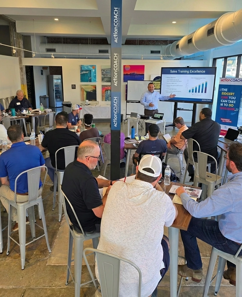 In-person sales training session with an instructor presenting to a group of professionals